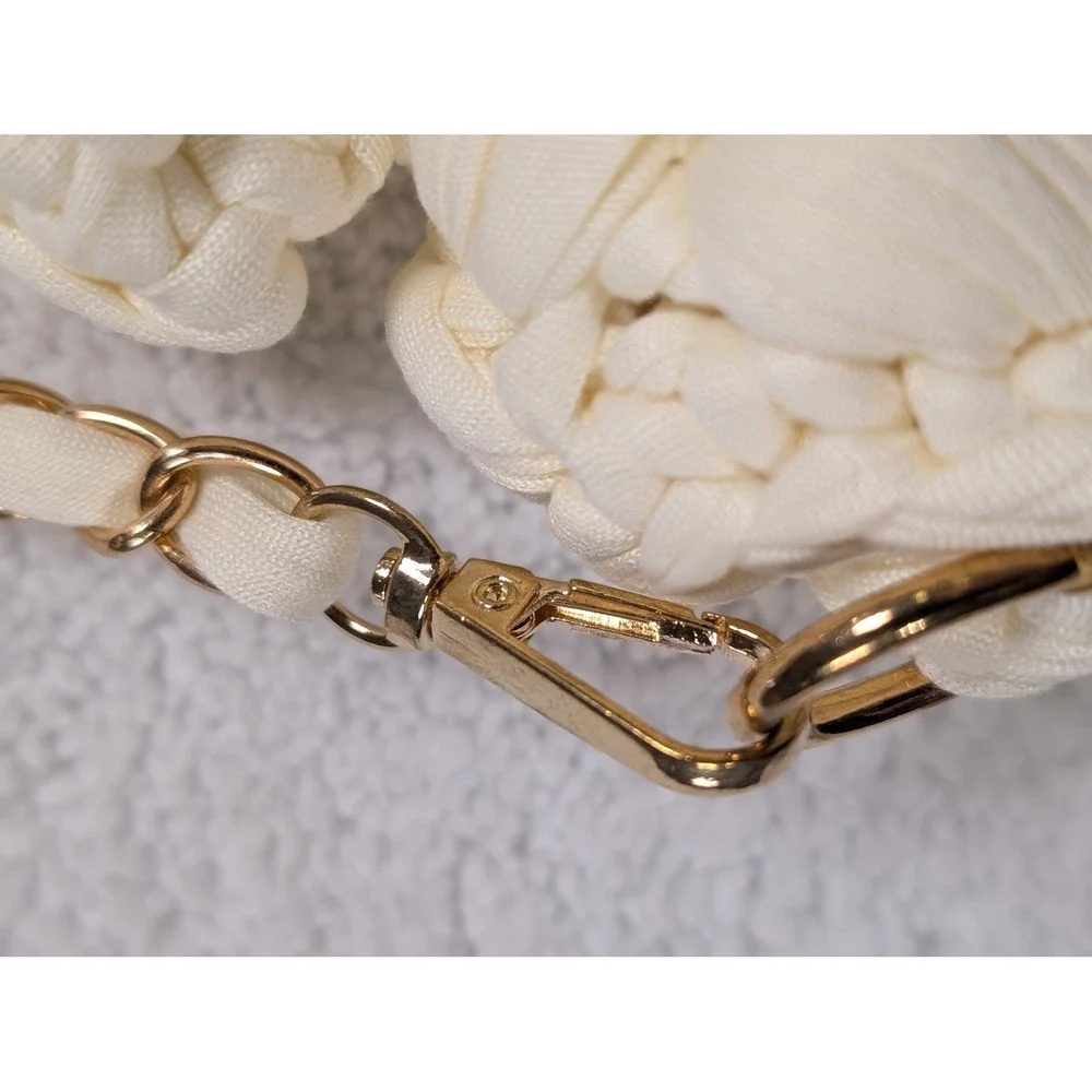 Ivory Chunky Knit Crossbody Bag Gold Chain Strap Mini Top Handle Boho
